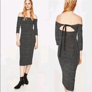 NWOT Zara Off The Shoulder Women's Fitted Polka Dot Midi Dress size XS